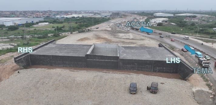 Underpass construction at Community 18 Interchange, Km 12+350, showing the completed reinforced-concrete box on both sides of the corridor