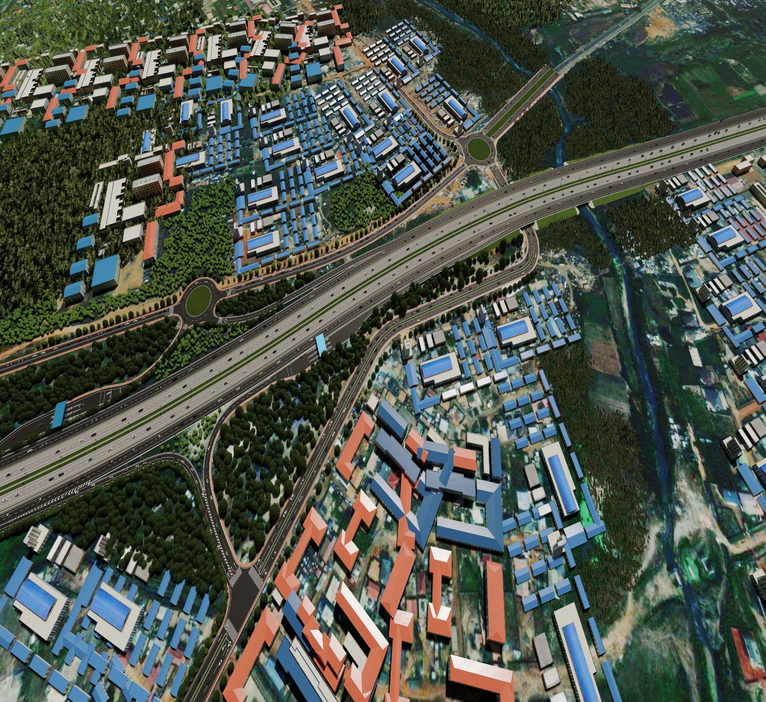 Aerial design visualisation of the Lashibi Interchange corridor passing through a built-up area