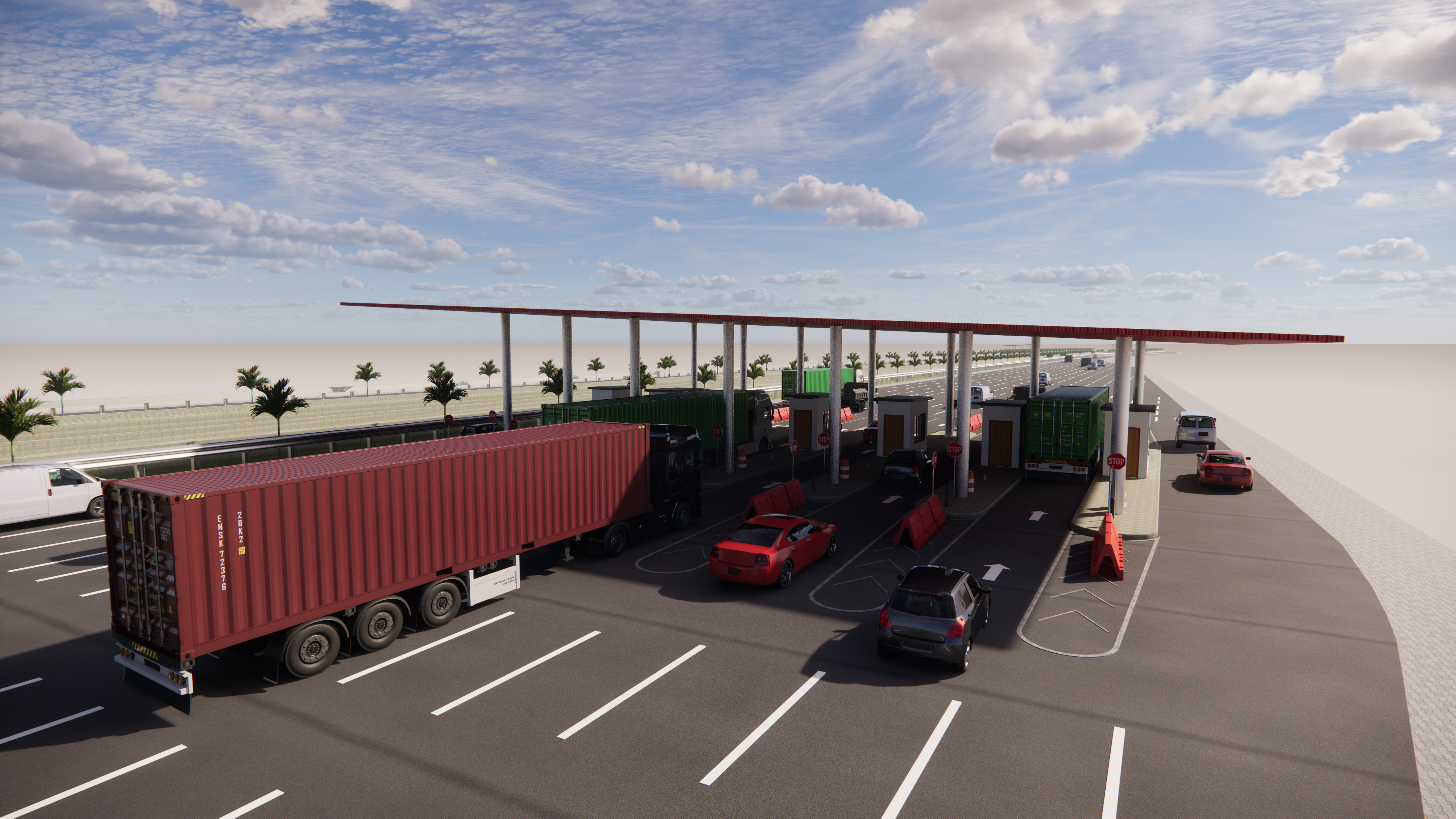 Design visualisation of the Accra–Tema corridor showing carriageways and a toll plaza